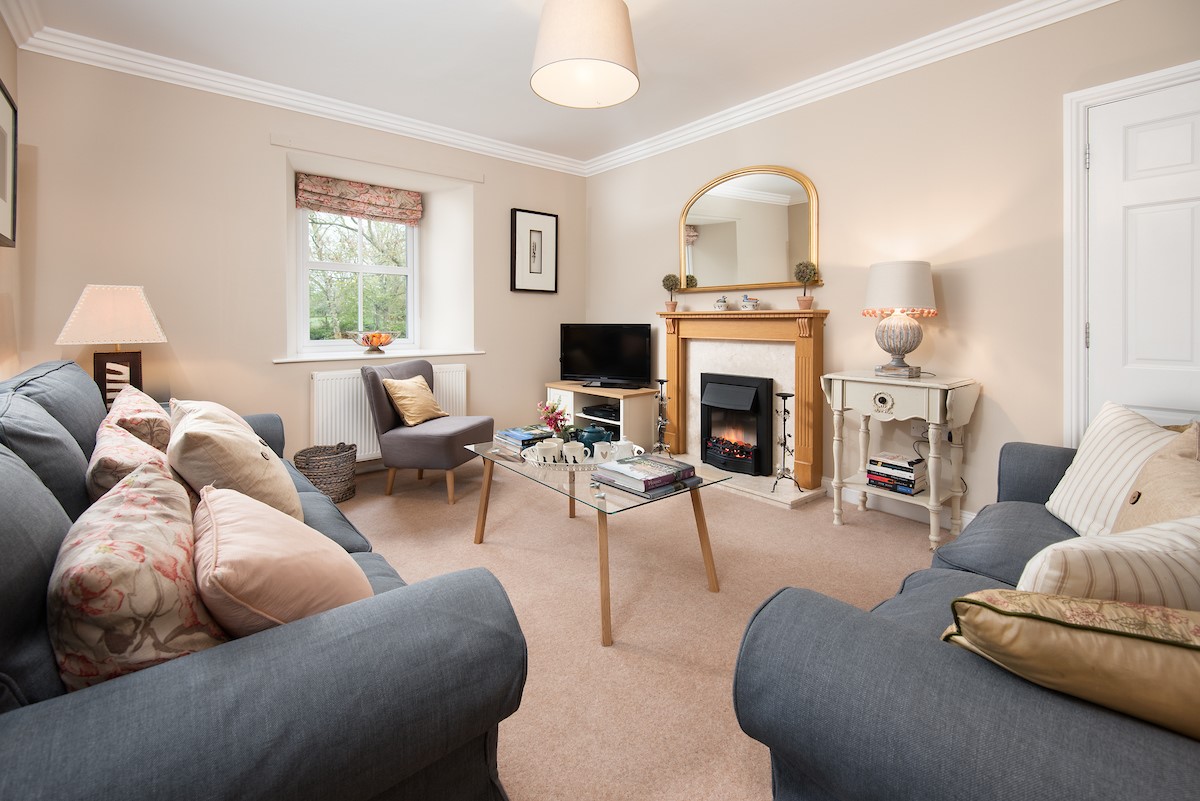 Berryburn Cottage - sitting room with sofas and electric fire