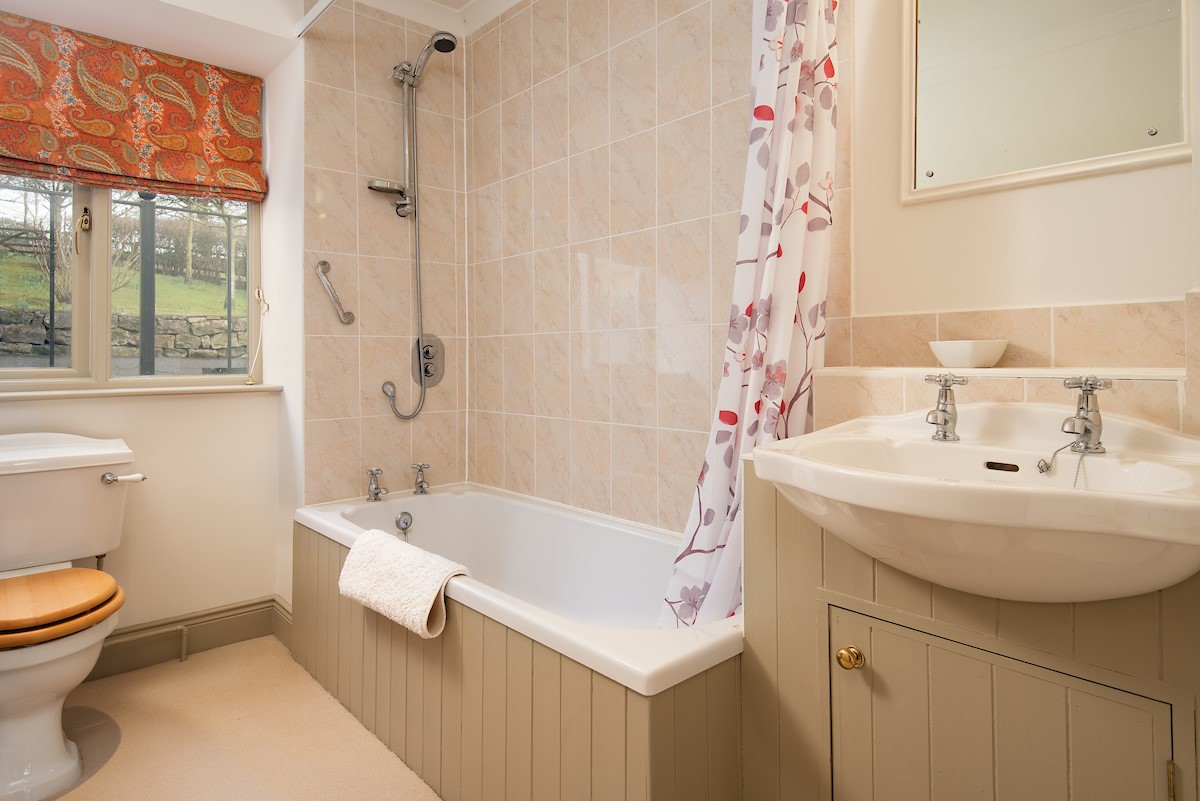 Broadgate House - bedroom six en-suite bathroom in The Steading with bath and shower over, basin and WC
