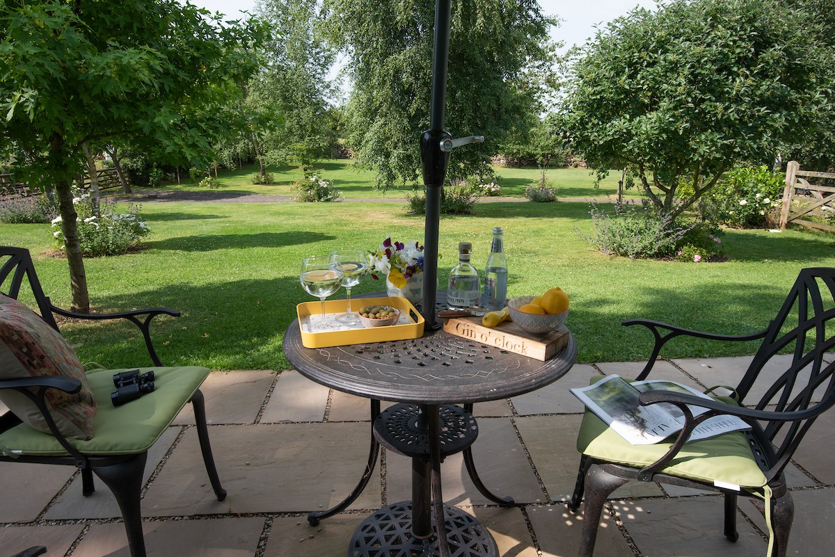 The Showman's Wagon - outdoor dining on the patio looking out onto the tranquil paddock