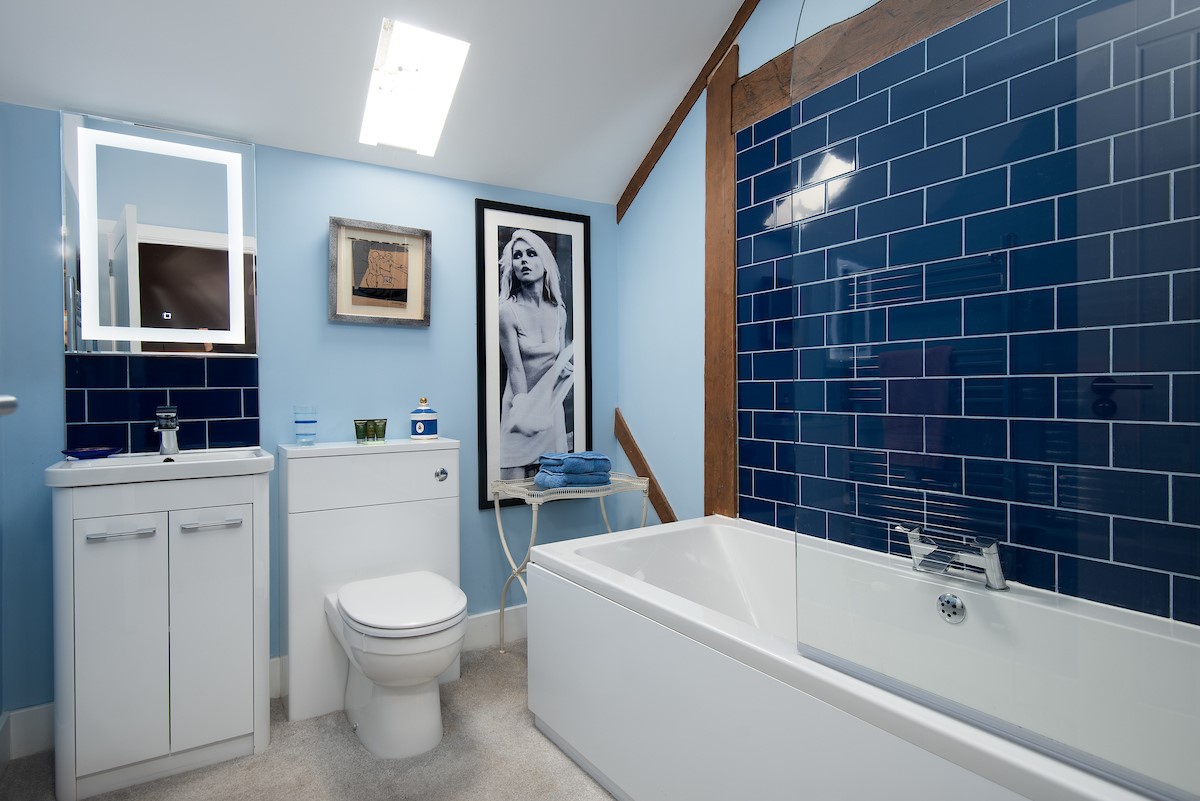 Walltown Farm Cottage - second floor family bathroom with shower over bath, WC, and basin with illuminated mirror above