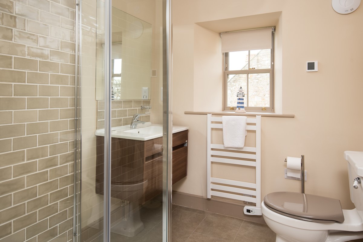 Bee Cottage - family shower room containing walk-in shower with hand-held shower head, WC, basin and heated towel rail