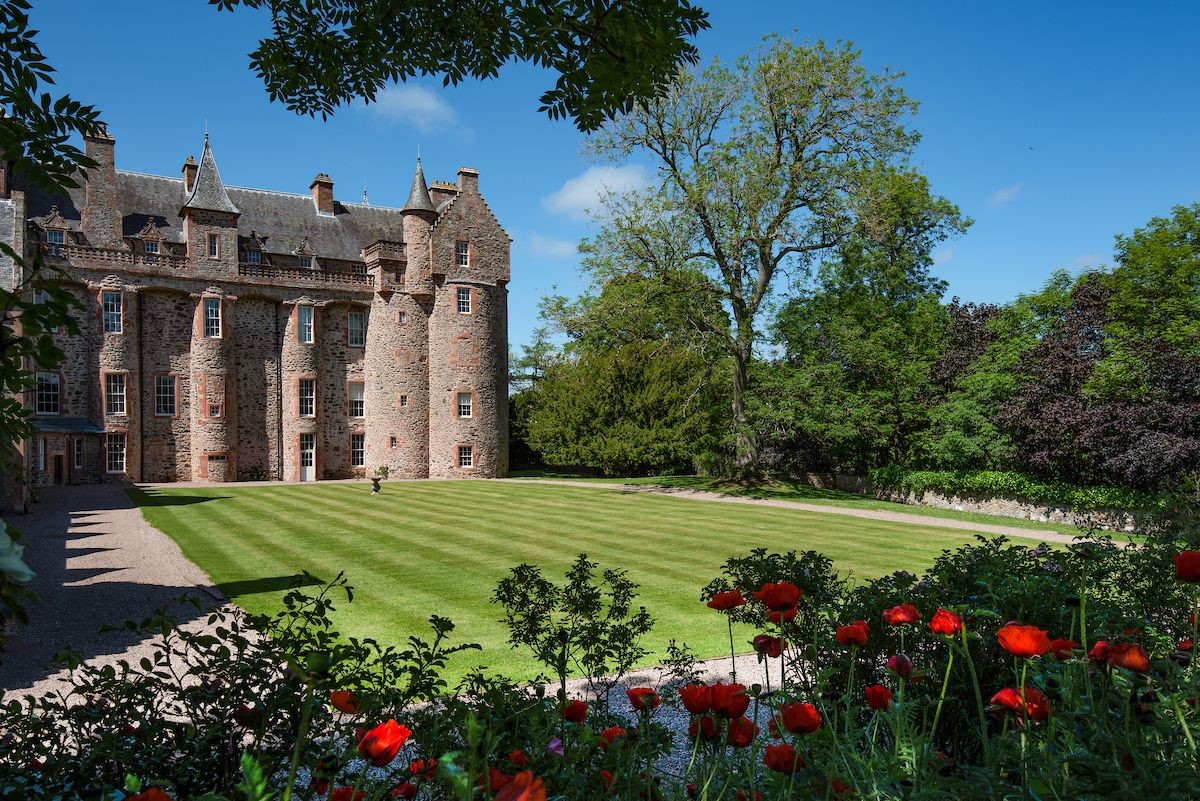 Thirlestane Castle - a lawned garden sits to the rear of the castle