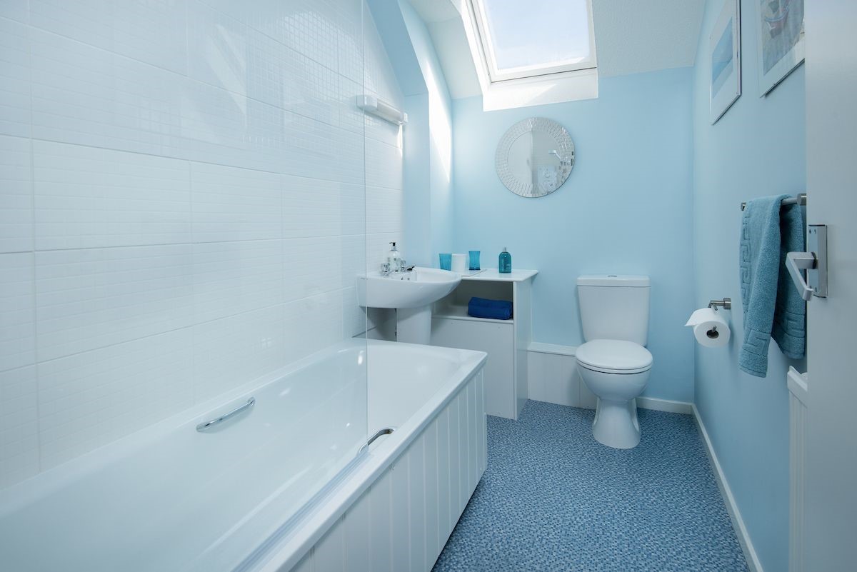 Coldstream Coach House - family bathroom with bath and shower over, WC and basin