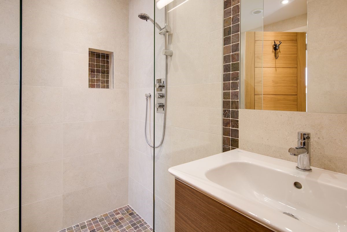Coledale Stables - bedroom four en suite bathroom with walk-in shower, basin and WC