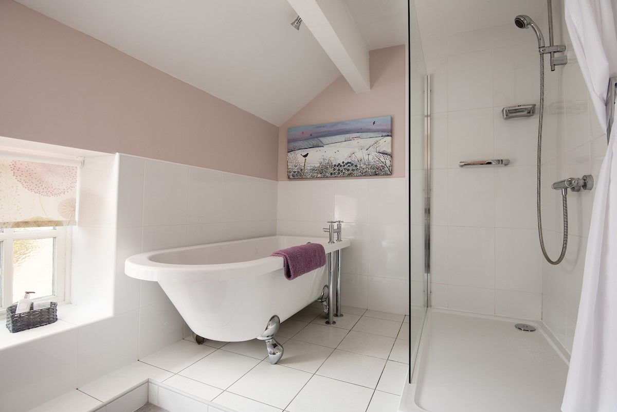 Rose Cottage, Huggate - family bathroom with freestanding bath and walk in shower
