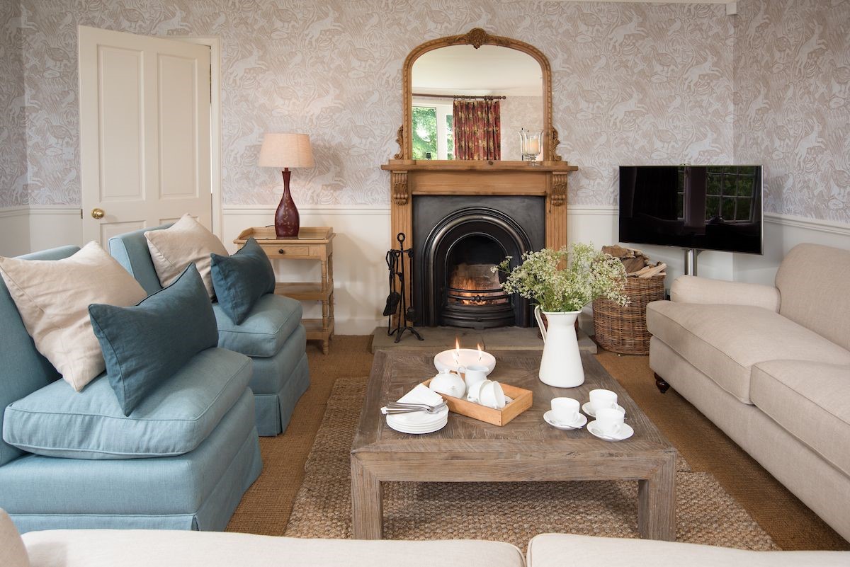 Hamilton House - sitting room with open fire, TV, sofas and two armchairs