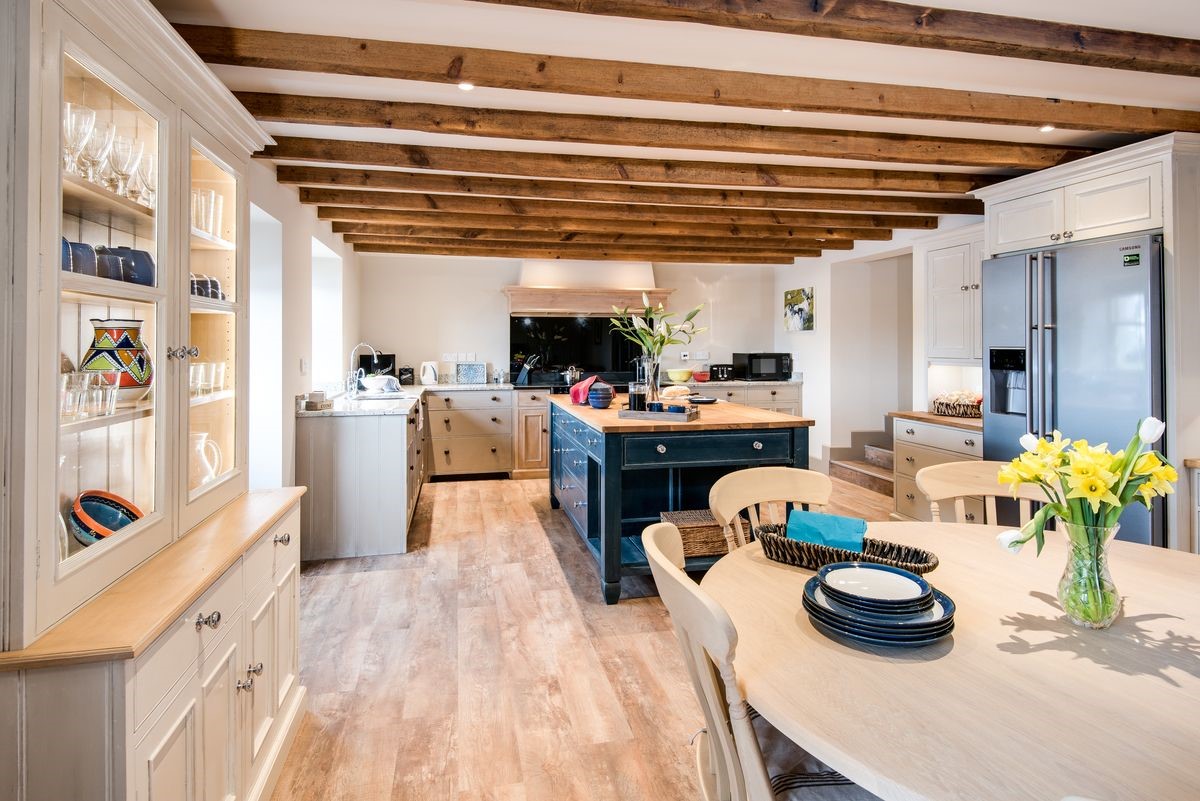 Crookhouse Mill - beautiful handcrafted kitchen with island, dining table and beamed ceiling