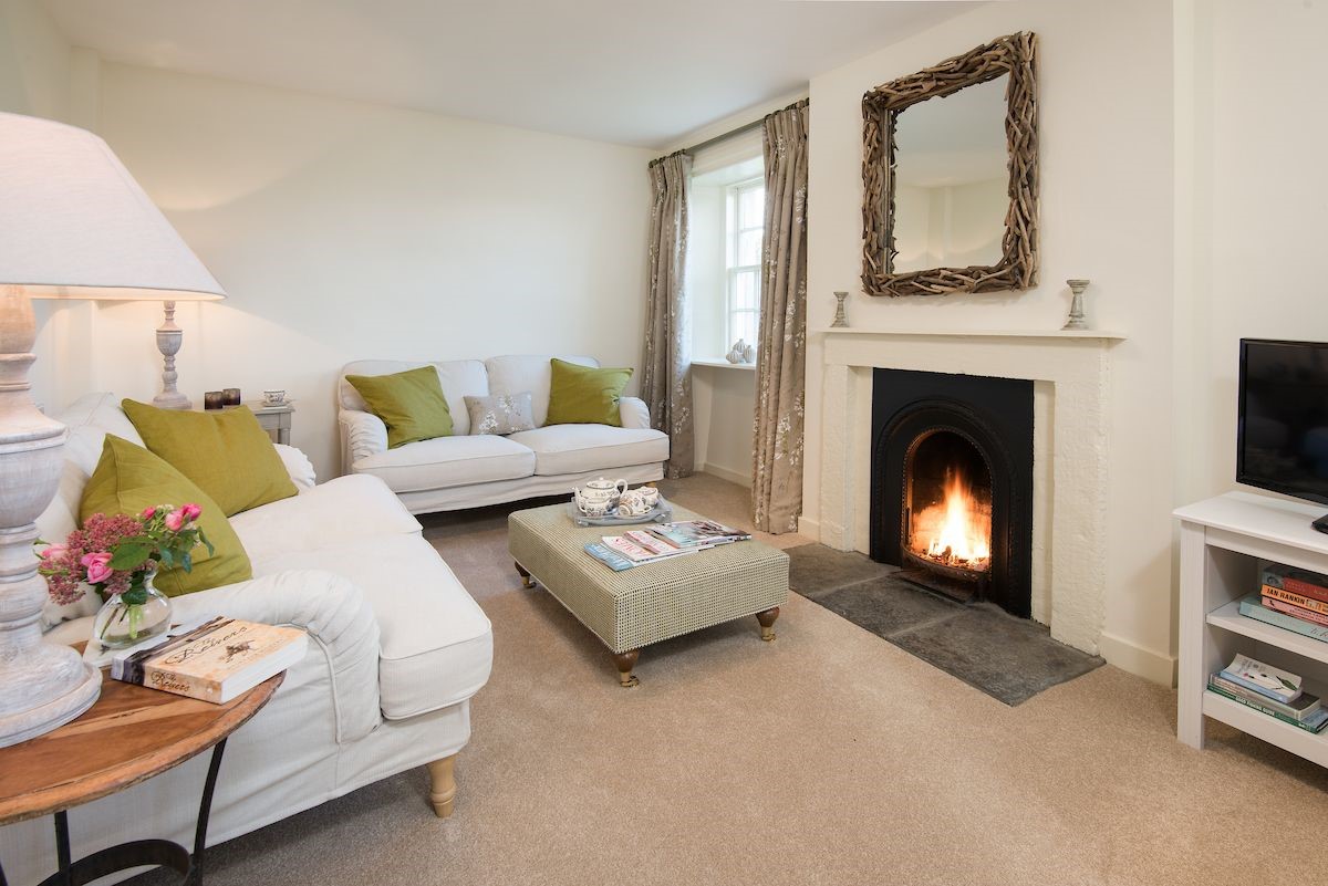Garden Cottage - sitting room with two sofas, open fire and TV