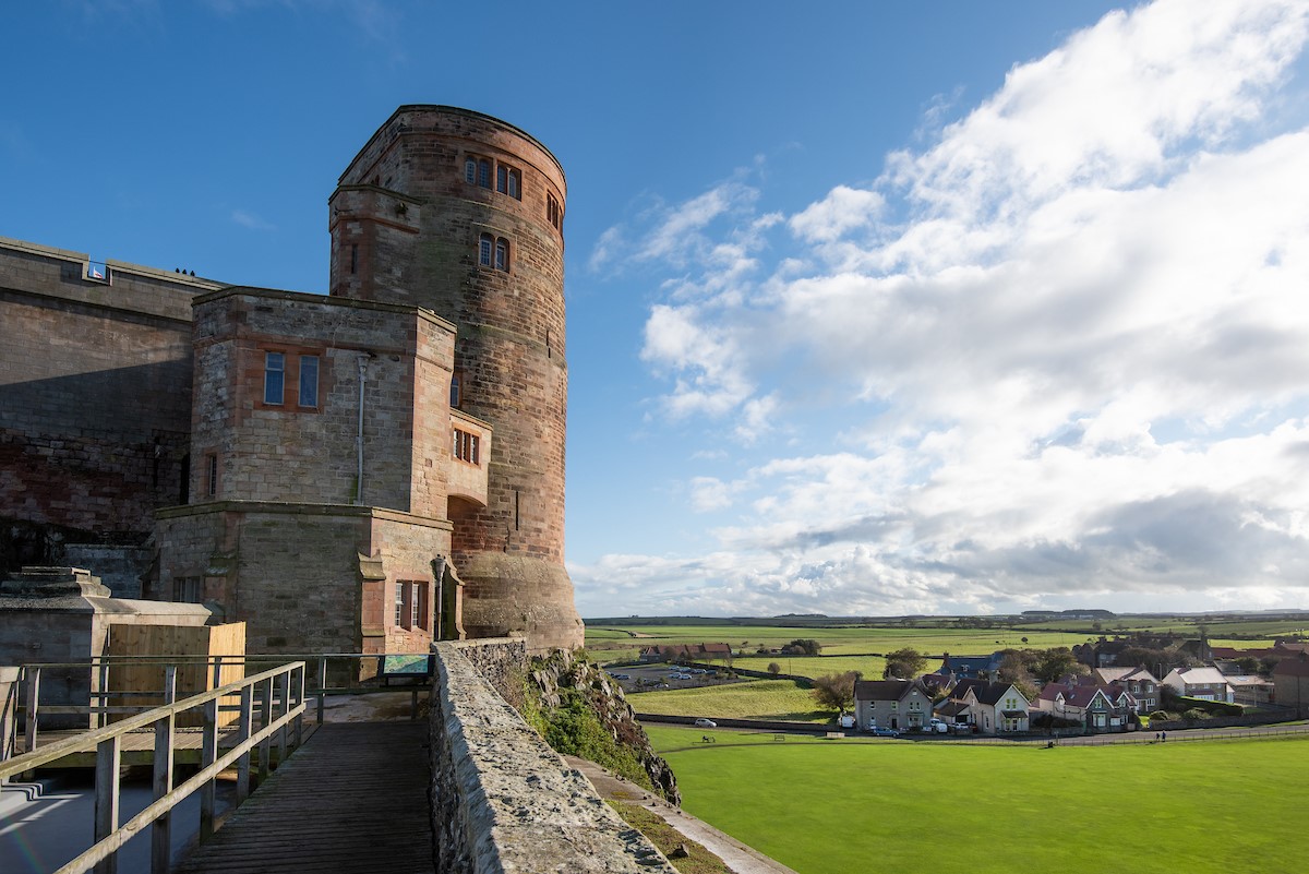The Clock Tower at Bamburgh Castle with views over the cricket green