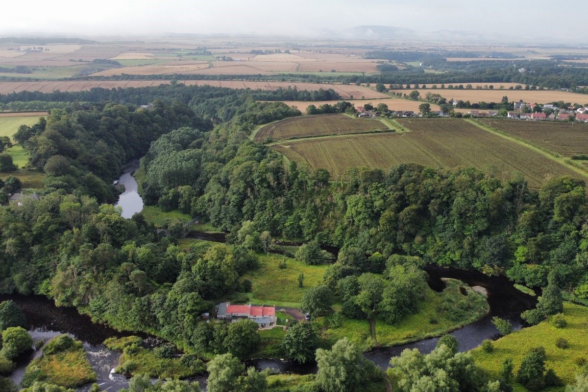 West Mill Cottage - bird's-eye view of West Mill Cottage, the River Whiteadder and Berwickshire countryside