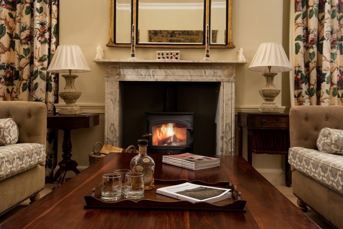 East House - the drawing room with seating set around the wood burning stove