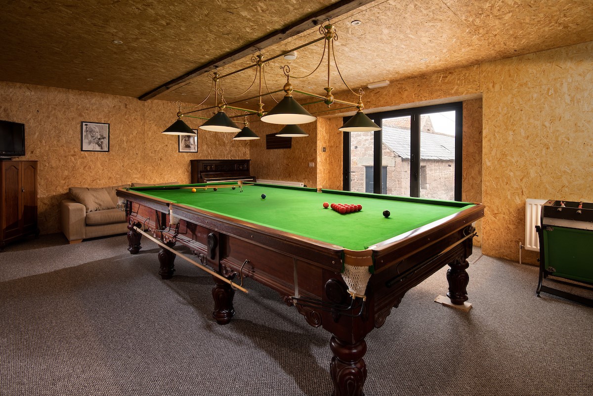 Brockmill Farmhouse - games room including full size snooker table, comfortable seating, TV and piano
