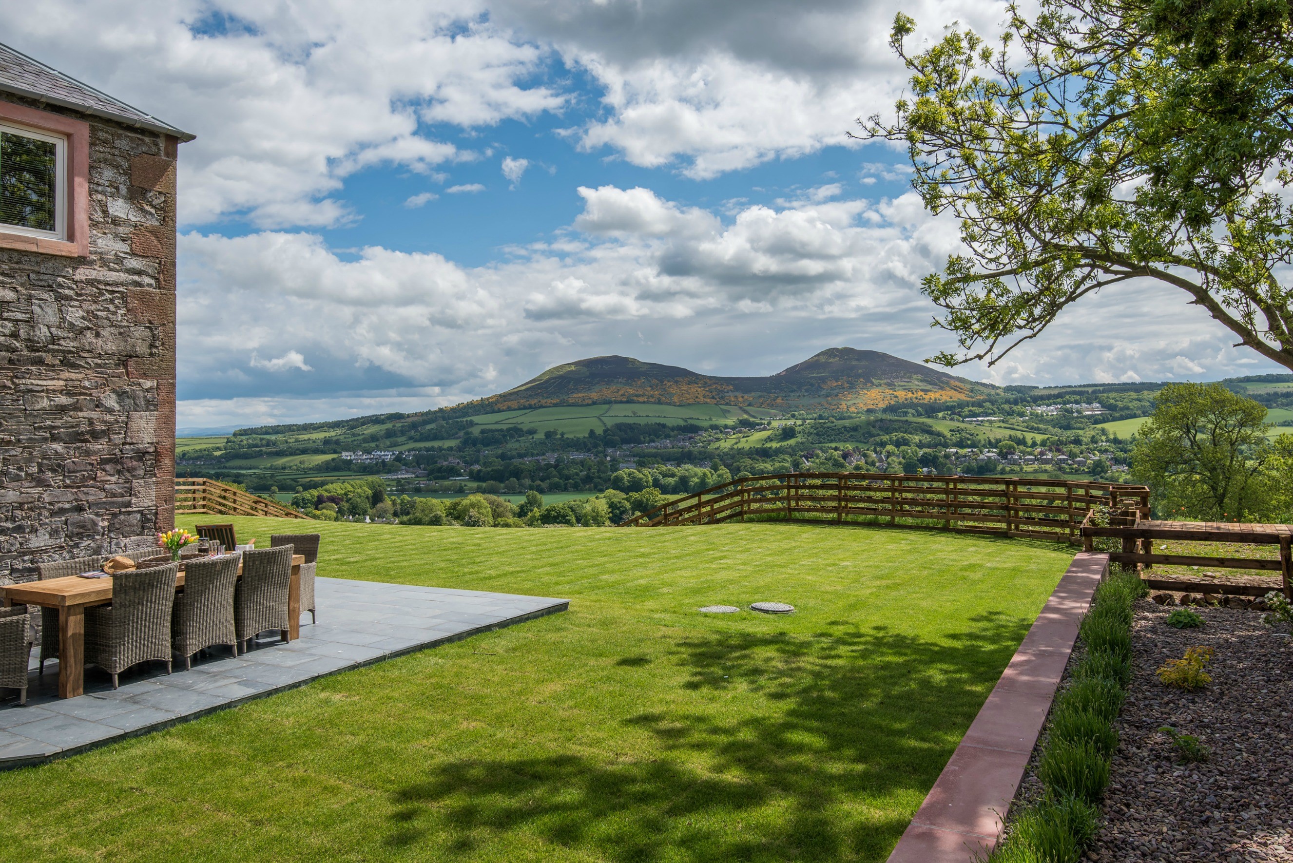 Granary - view of the Eildon hills from the sunny garden