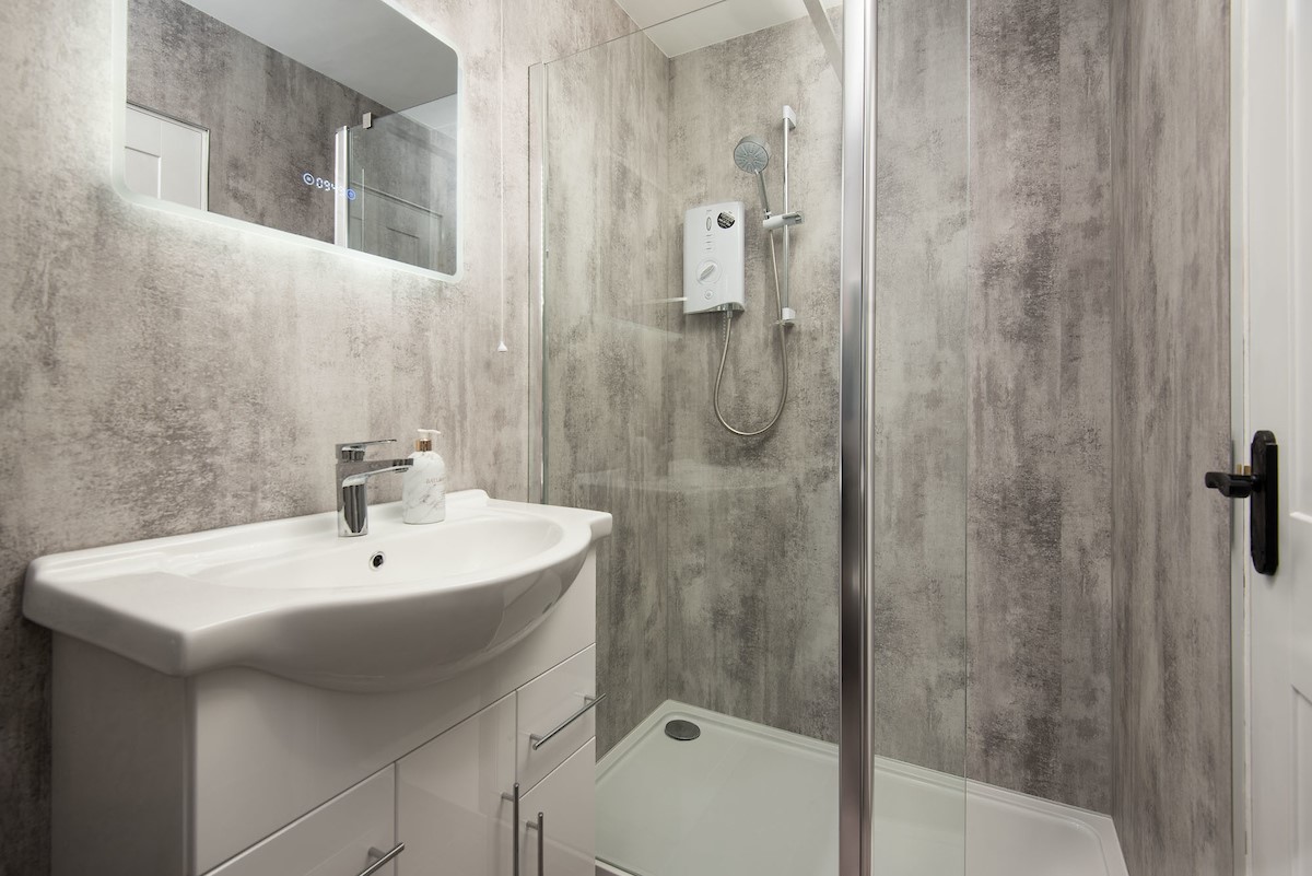 Grange House - en suite shower room with walk-in shower, basin and illuminated mirror above, and WC