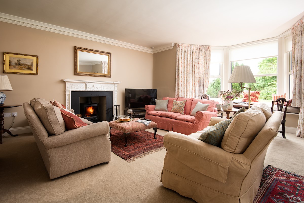 Wark Farmhouse - drawing room with plenty of seating set around the wood burning stove and Smart TV