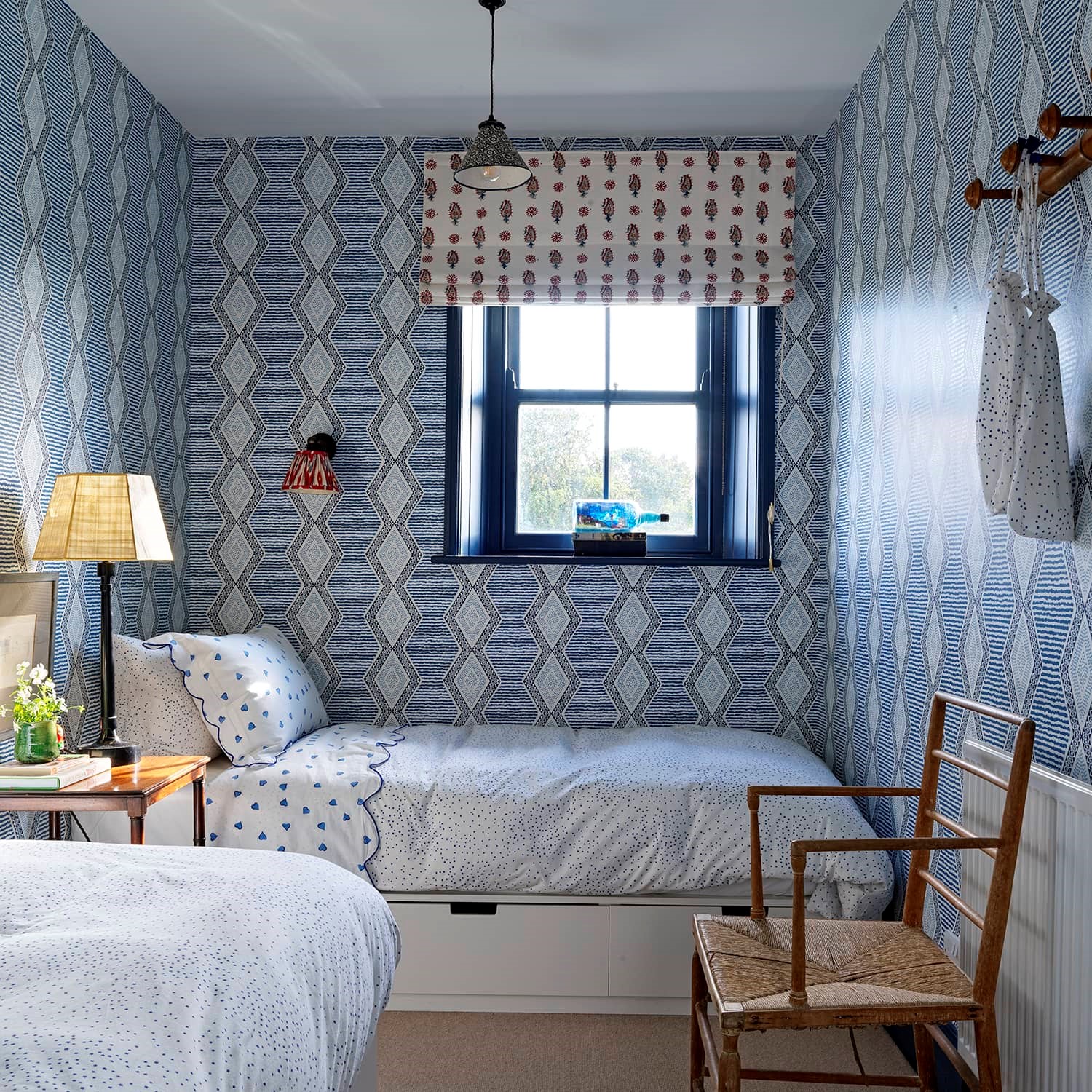 North Farm, Walworth - blue & white bedroom with twin beds