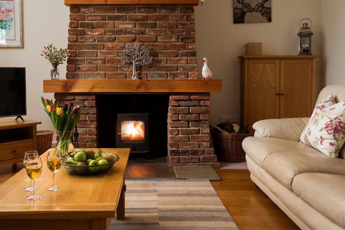 East Lodge - the feature handmade brick fire place with a log-burning stove in the lounge