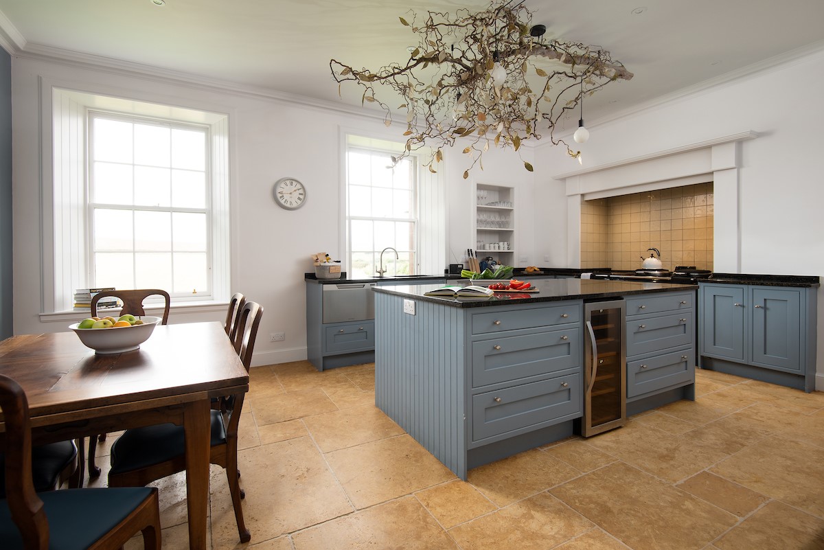 Papple Steading - Papple Farmhouse - bright and airy kitchen with a bespoke light sculpture created by Planet Flowers