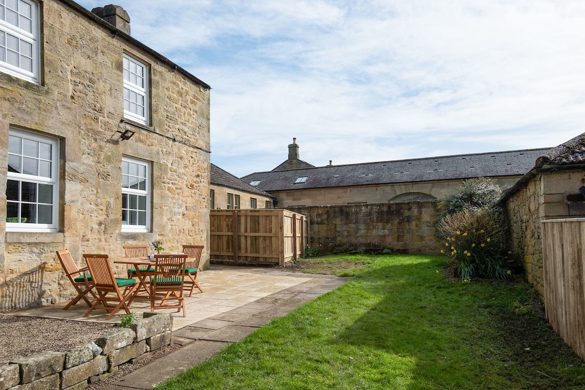 Grange House - enclosed lawned garden and patio, with Beeswing House to the left - also available for a holiday let for larger parties