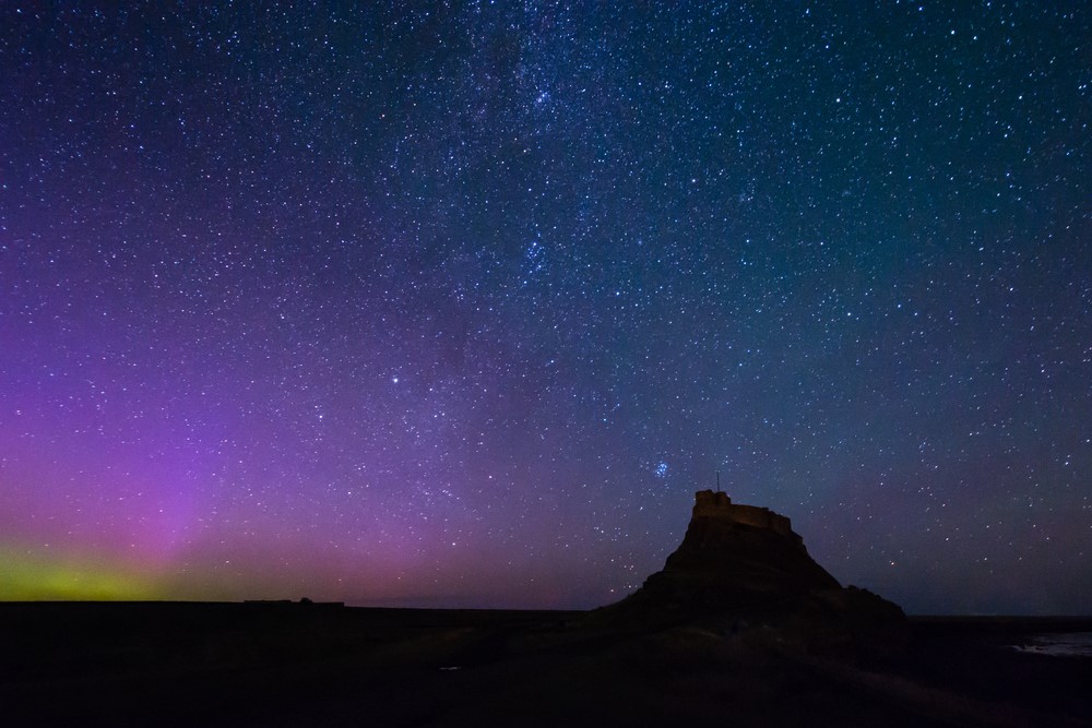 The Northern Lights and Lindisfarne Castle, Holy Island, Northumberland