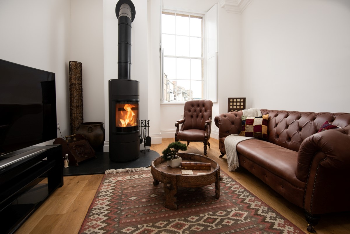Number One Clayport Street - the snug with wood burning stove, sofa and TV