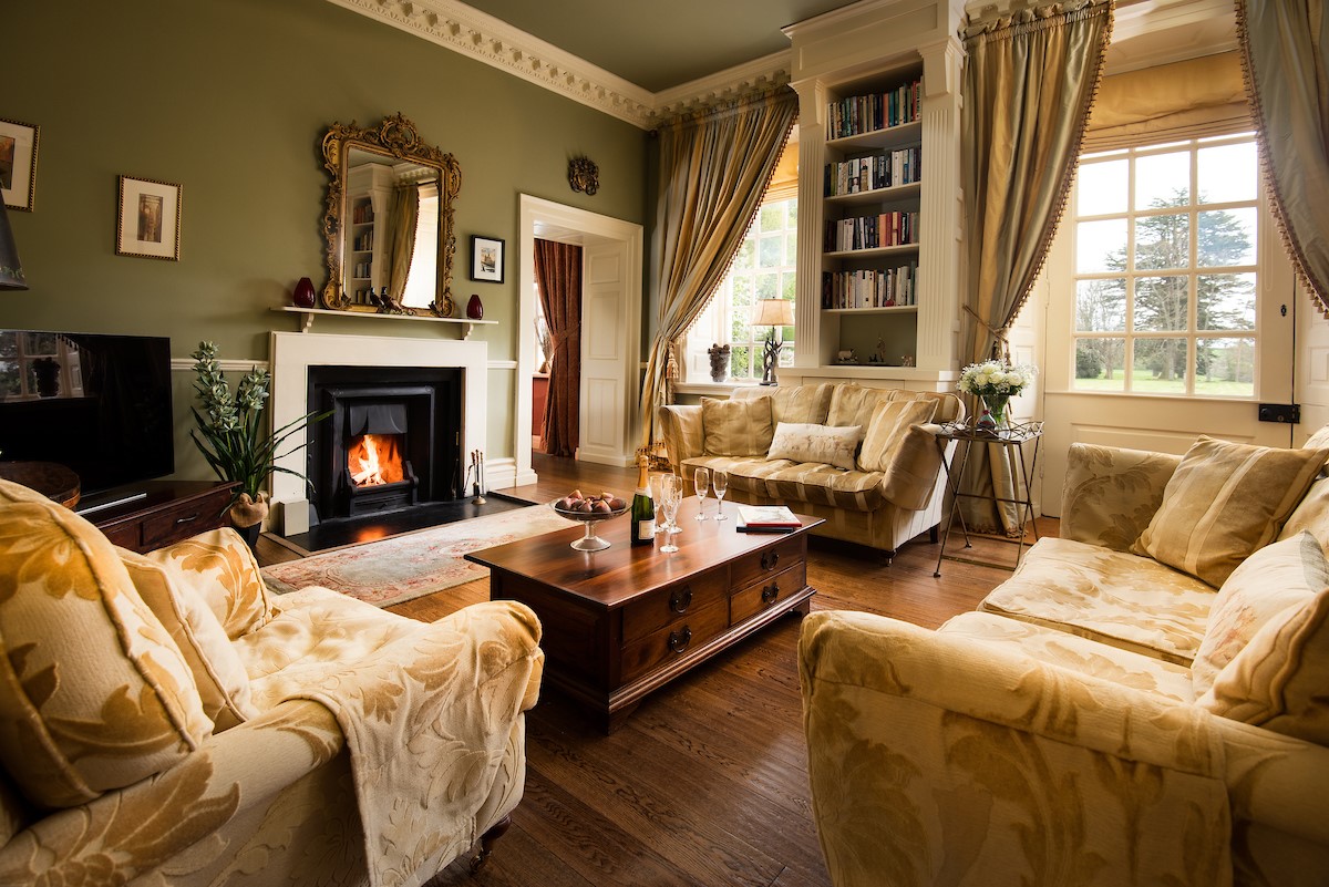 Eslington East Wing - ample comfy seating in the drawing room with large 50" TV and open log fire