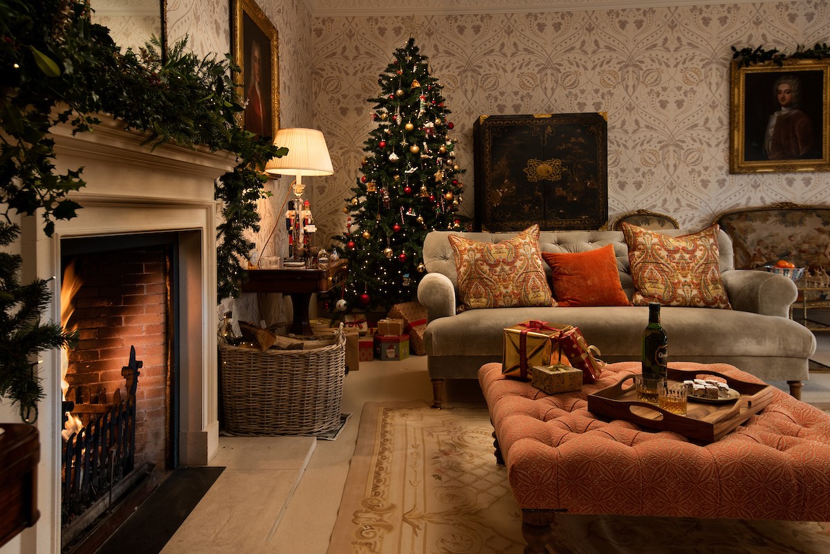 Broadgate House - drawing room complete with Christmas tree for the festive period