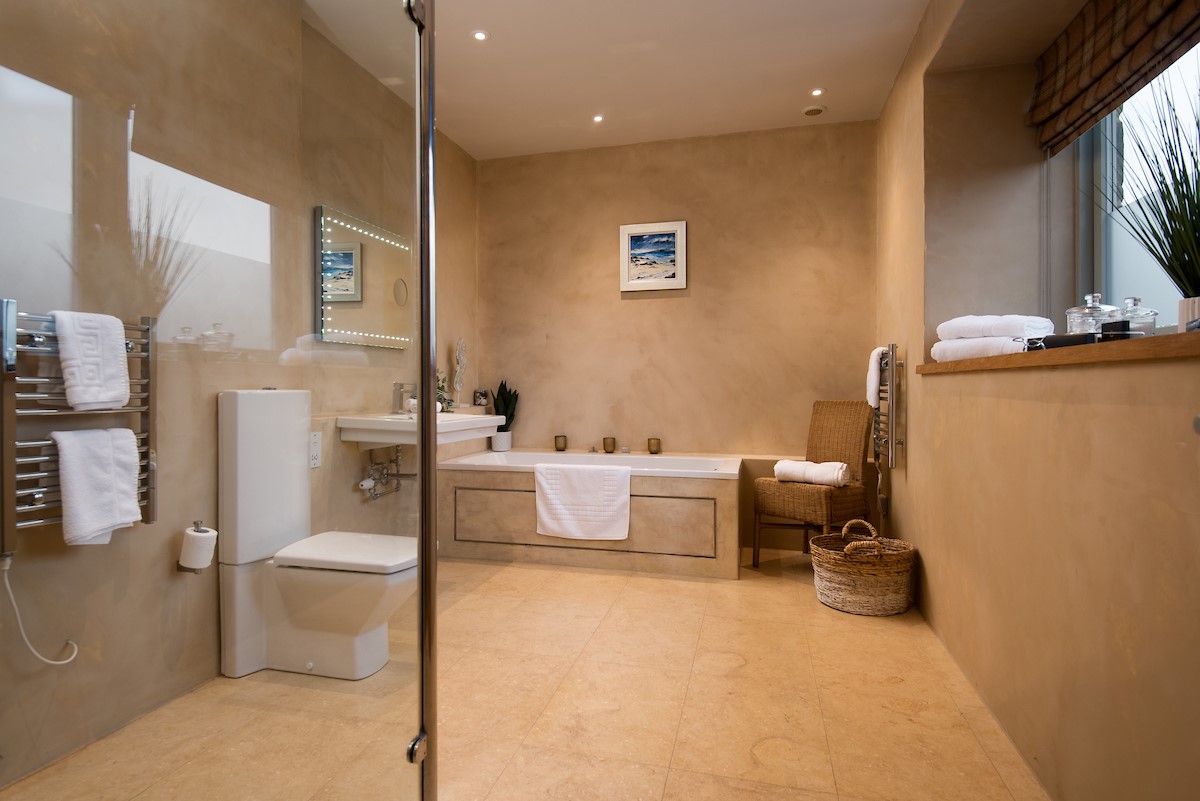 The Stables, Saltcoats Steading - bedroom two en-suite with bath and walk in shower