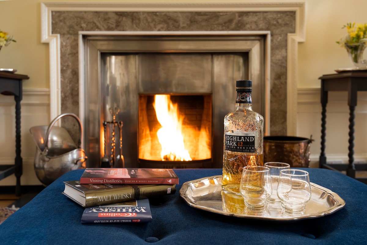 Fairnilee House - open log fire in the drawing room