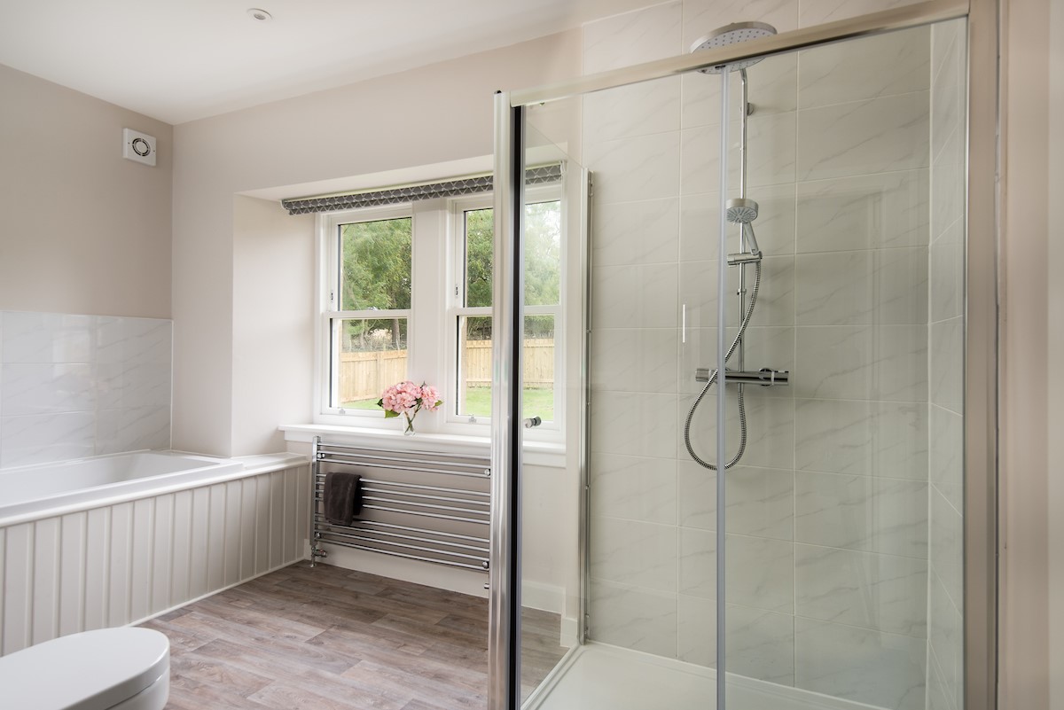 Coldwells Farmhouse - family bathroom with bath, walk-in shower, WC and basin