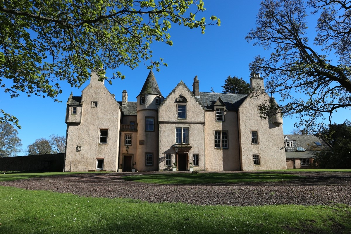 The Tower, Keith Marischal - the impressive front aspect of the house with the tower access and accommodation to the far left of this image