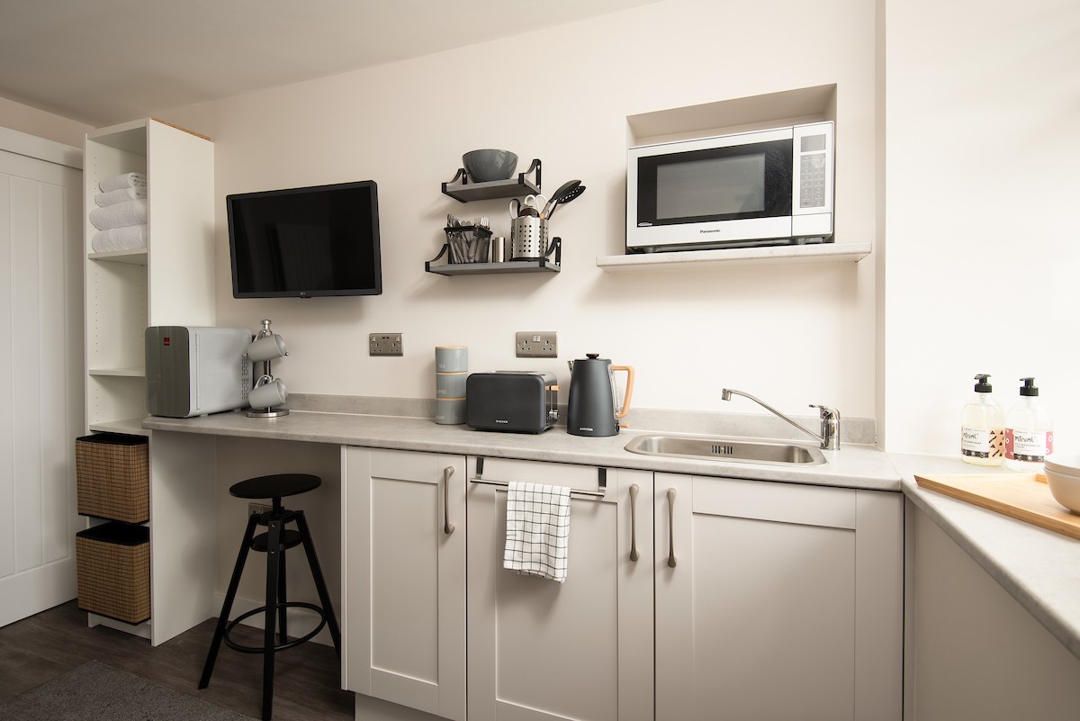 Harbour Hideaway - studio kitchen area containing microwave, mini fridge, toaster and kettle as well as a wall-mounted TV