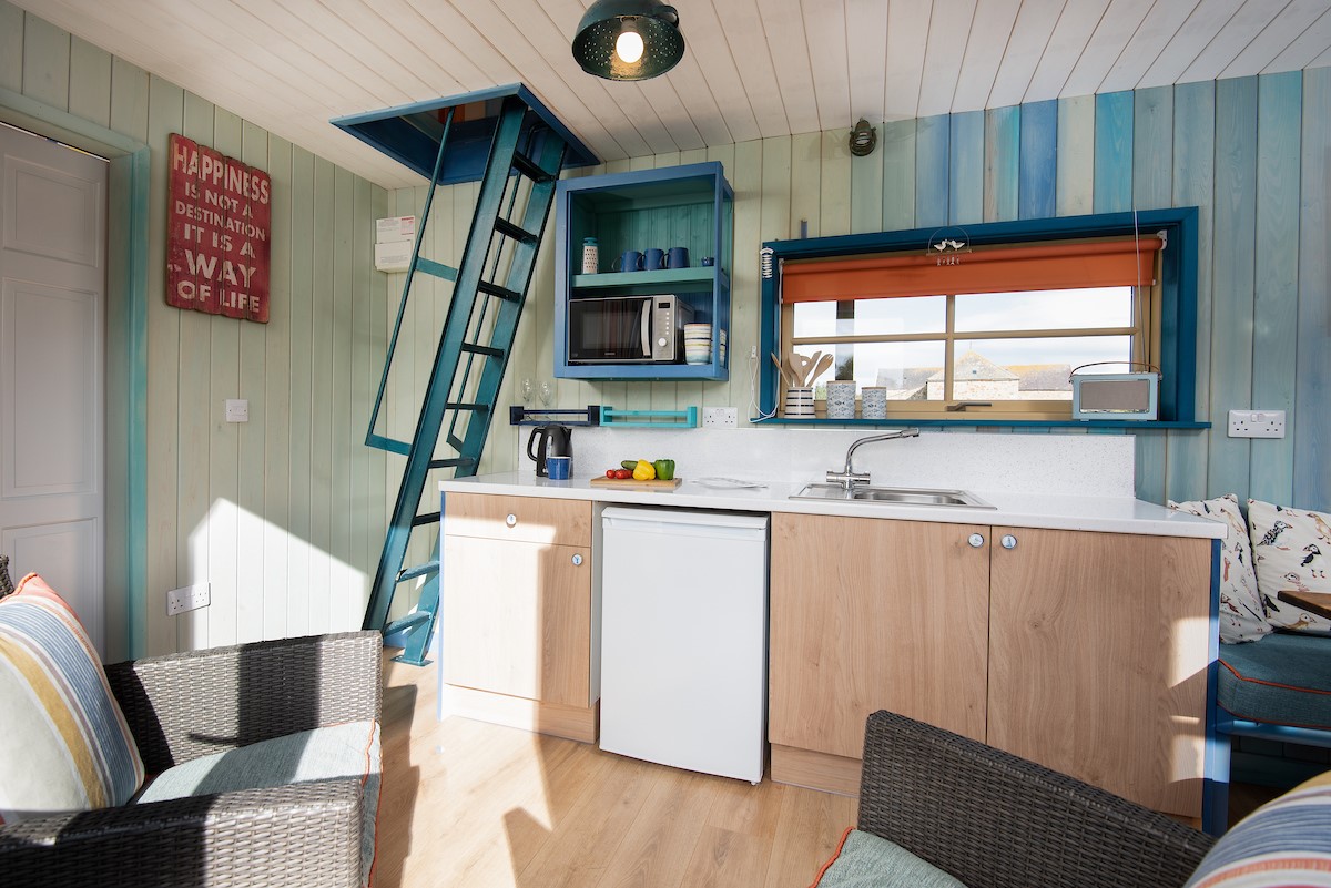 Berrington Beach Hut - kitchen with ladder to the upper sleeping area