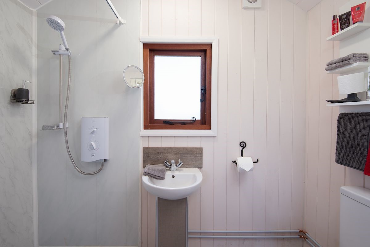 Foxglove - bathroom with electric shower, WC and basin