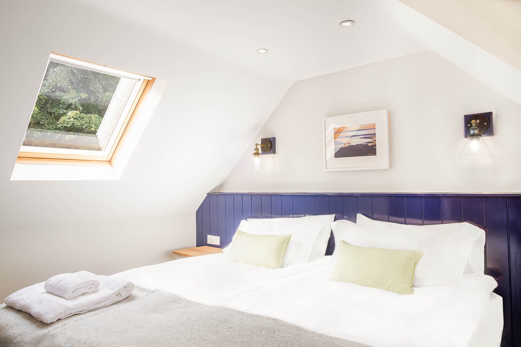Culdoach Cottage - bedroom three with zip and link super king bed and Velux windows