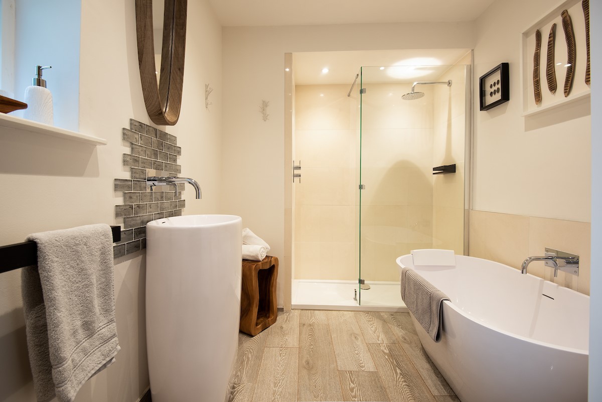 The Old School - bathroom with bath, separate walk-in shower with rainforest head, basin and WC