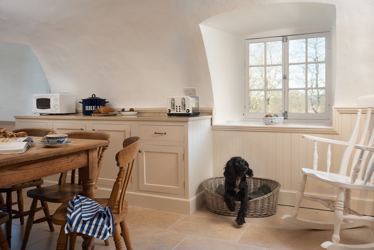The Tower, Keith Marischal - vaulted kitchen with all of the essentials, and a cosy spot for any furry friends
