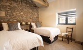 The Stables at West Moneylaws - bedroom one with zip and link beds which can be configured to twin beds or a super king