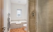 Byre - family bathroom with bath, WC, basin and walk-in shower