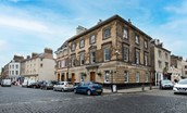 The Linen House & Scott Apartment - front aspect of the Grade II listed town house, on the corner of Kelso's Town Square