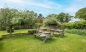 Grey Barns - the fully enclosed garden with terrace and picnic benches