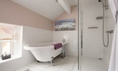 Rose Cottage, Huggate - family bathroom with freestanding bath and walk in shower