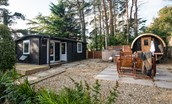 East Lodge Home Farm - garden cabin, sauna pod, hot tub and seating area in the garden