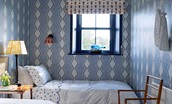 North Farm, Walworth - blue & white bedroom with twin beds