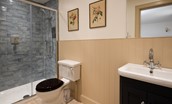 Wark Farmhouse - bedroom five en suite shower room with walk-in shower, WC and basin