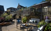 Marine House Cottage - large raised terrace with outdoor furniture for al fresco dining