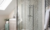 Partridge Lodge - beautifully tiled en-suite master bathroom; large shower with rainforest head and separate mixer