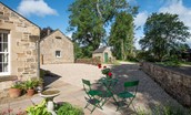 Birks Stable Cottage - patio garden with gravelled driveway
