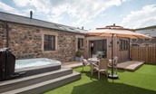 The Stables at West Moneylaws - garden with hot tub and outdoor dining furniture