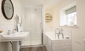 The School House, Capheaton - family bathroom with walk in shower and separate bath